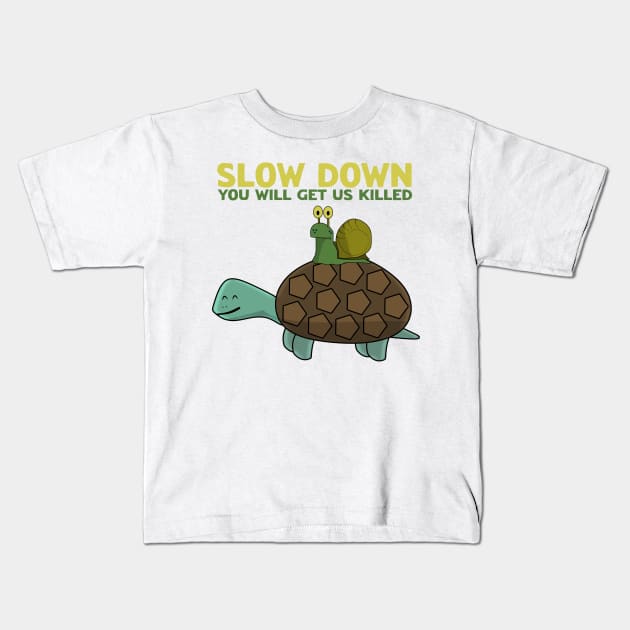 Funny Snail asking the Turtle to SLOW DOWN Kids T-Shirt by Mad&Happy